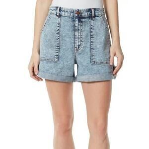 Frayed Women Blue Acid Wash Cotton Denim Casual High Rise A-Line Shorts Size 28